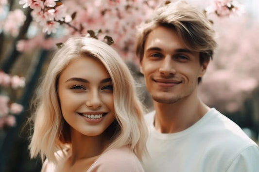 Couple de jeune blanc avec des cheveux blond, personnes avec le sourir. En arrière blanc un arbre en fleur rose.