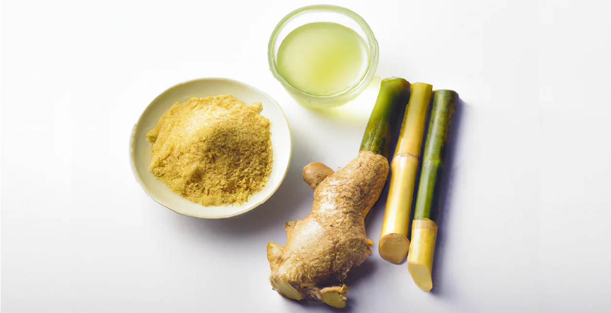 Composition de Natural Detox tel que le bambou, le gingembre et le vinaigre de bambou, sur fond blanc.