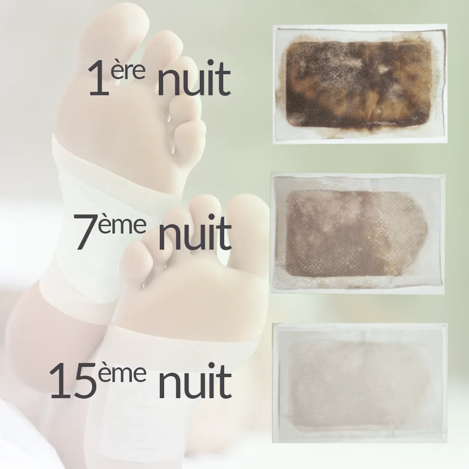 Résultat des patchs au bout de la 1 nuit, la 7 nuit la 15 nuit qui va de noir au blanc cassé. Décor en arrière plan des plantes pieds portant ces patchs.