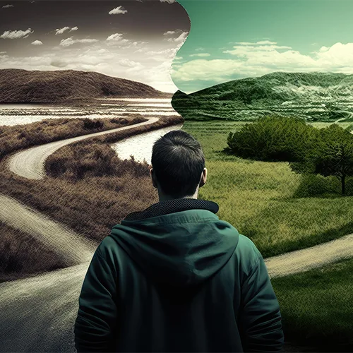 Homme face à un choix de chemins, à gauche un environnement terne en gris-marron, à droite un chemin attrayant aux teintes vertes-bleues joviales.